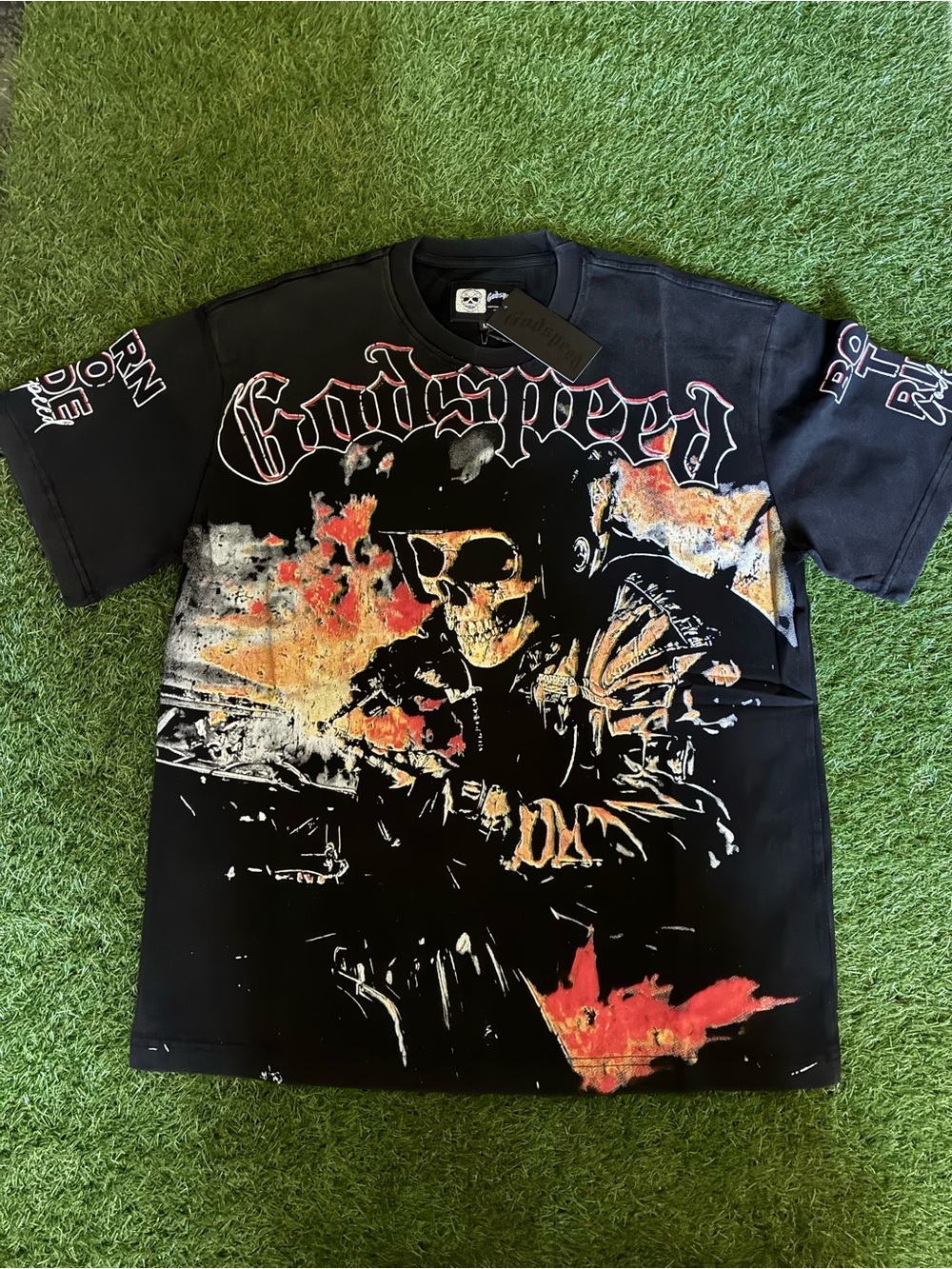 Black Graphic Skull Short Sleeve Tee with Distressed Flame Art